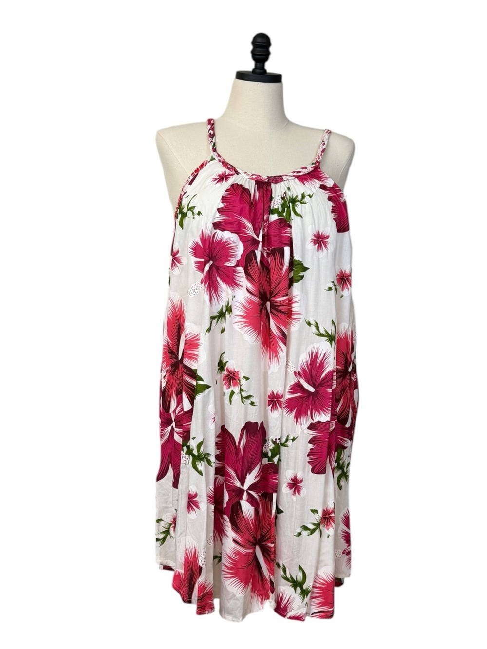 India Boutique Swing Dress One Size Rayon Hibiscus Floral Resort White Pink NWT